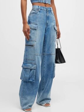 Alice + Olivia Cay Baggy Denim Cargo Pants in Brea Blue